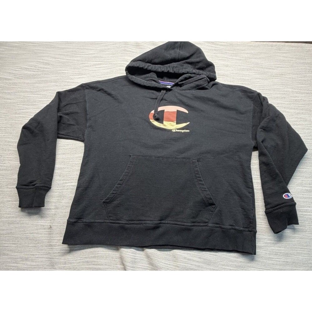 Champion Mens Pullover Hoodie Sweatshirt Fleece Gold Rose Color Black Sz- L